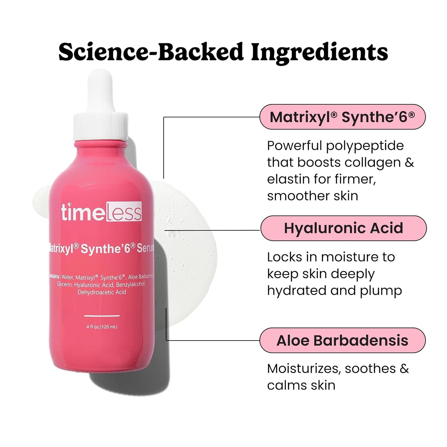Timeless Matrixyl Synthe'6 Peptide Complex Serum, Hyaluronic Acid, 4 Fl Oz